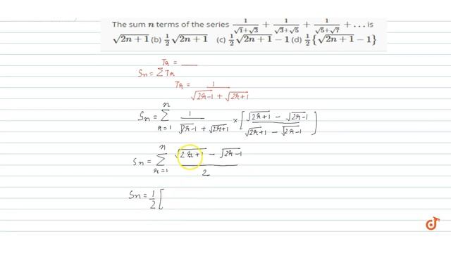 The sum `n` terms of the series `1/(sqrt(1)+sqrt(3))+1/(sqrt(3)+sqrt(5))+1/(sqrt(5)+sqrt(7))+` i... смотреть онлайн