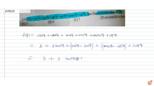 Let `f(theta)=sin^2theta+cos^2theta+tan^2theta+sec^2theta+c o s e c^2theta+cot^2theta,` then t смотреть онлайн