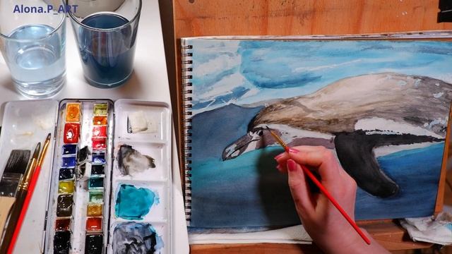 Penguin in the water 😍 | Watercolor painting | пингвин в воде акварелью 🖌️ смотреть онлайн
