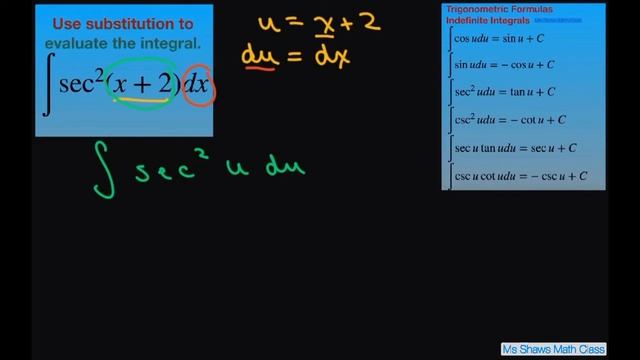 Use substitution to evaluate the indefinite integral sec^2(x +2) dx смотреть онлайн