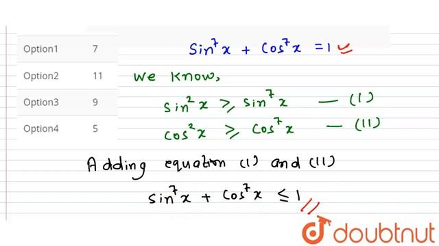 The number of solutions of sin^(7)x + cos^(7)x = 1, x in [0, 4p is equal to | CLASS 12 | JEE MAI... смотреть онлайн