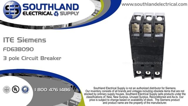 ITE Siemens FD63B090, 90 Amp, 600 Volt, 3 Pole Circuit Breaker смотреть онлайн