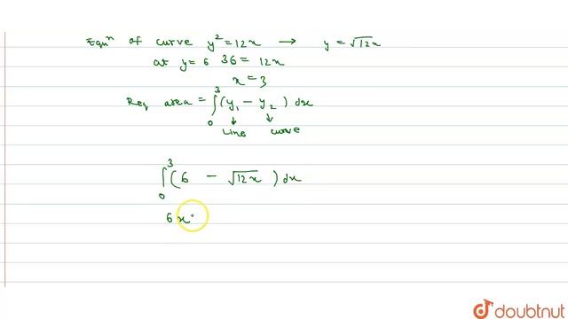 What is the areaenclosedbetween the curvesy^(2) = 12x andthe lines x= 0 and y= 6 ? | 12 | DEFINI... смотреть онлайн