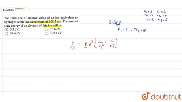 The third line of Balmer series of an ion equivalent to hydrogen atom has wavelength of `108.5mm`. смотреть онлайн