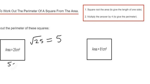 Squares. Working Out The Perimeter Of A Square Given The Area (Examples A = 25 cm^2 and A = 81 cm^2 смотреть онлайн