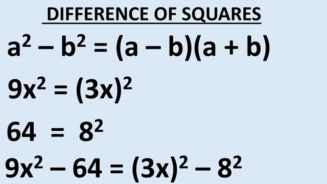SOLVING THE QUADRATIC EQUATIONS 1) 9X^2 - 64 = 0 AND 2) X^2 - 81 = 0 BY THE DIFFERENCE OF SQUARES смотреть онлайн