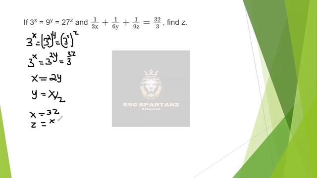 3^x=9^y=27^z and(1/3x)+(1/6y)+(1/9z)=32/2,find Z#algebra #ssc #ssccgl#malayalam смотреть онлайн