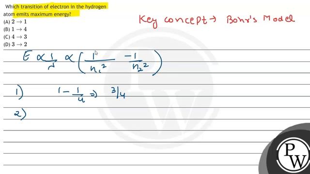 Which transition of electron in the hydrogen atom emits maximum energy?
(A) \( 2 \rightarrow 1 \... смотреть онлайн