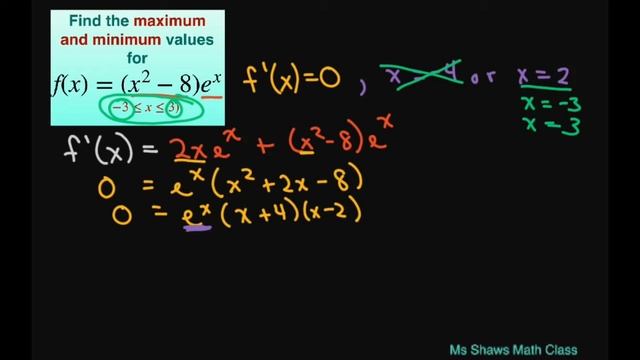 Find the minimum and maximum values for f(x) = (x^2 -8) e^x over the interval [-3, 3]. смотреть онлайн