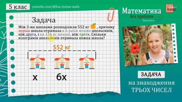 Між трьома школами розподілили 552 кг... Задача на знаходження трьох чисел. Математика 5 клас. смотреть онлайн