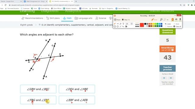ixl 8th O.14 Identify complementary, supplementary, vertical, adjacent, congruent angles (v20.12a) смотреть онлайн
