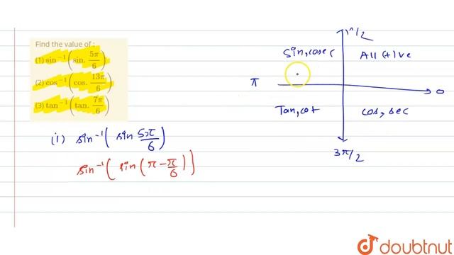 Find the value of (1) `sin^(-1)(sin.(5pi)/(6))` (2) `cos^(-1)(cos.(13pi)/(6))(3) `tan^(-1) смотреть онлайн