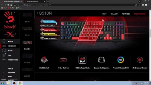 BLOODY S510N - MECHANICAL SWITCH NEON GAMING KEYBOARD