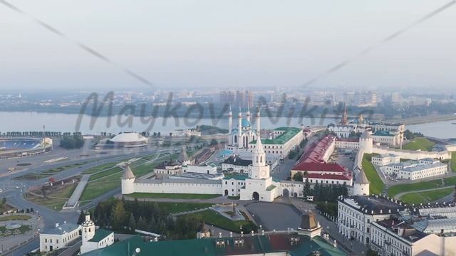 Kazan, Russia. Aerial view of the Kazan Kremlin in the early morning. Spasskaya Tower, Aerial View, смотреть онлайн