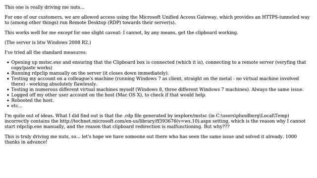 Why does the clipboard not work with RDP through Microsoft's Unified Access Gateway (UAG)? смотреть онлайн