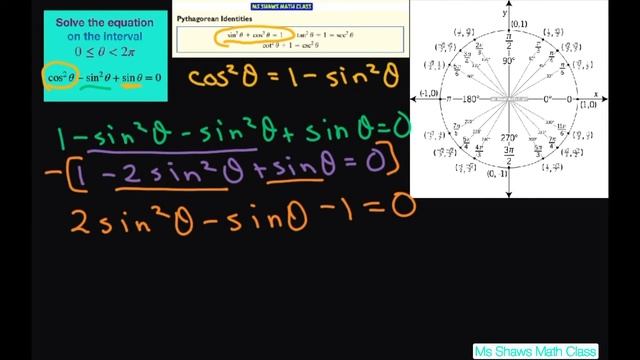 Solve the Trig equation cos^2 x - sin^2 x + sin x = 0 on the interval [0, 2pi) смотреть онлайн