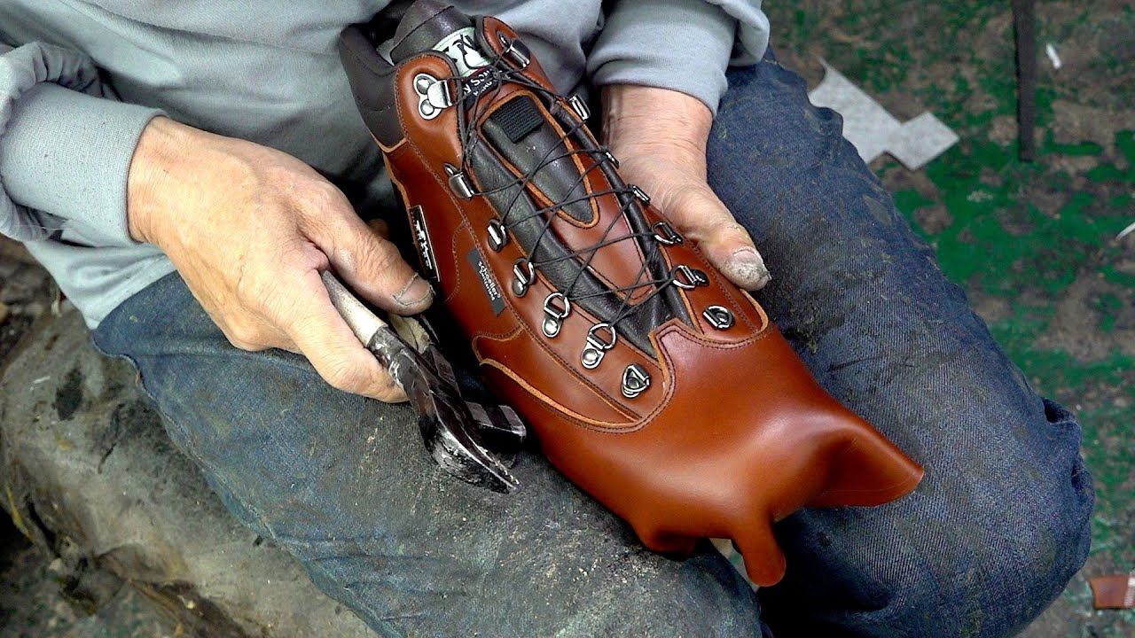 The Oldest Handmade Shoes Factory. Leather Hiking Boots Manufacturing Process