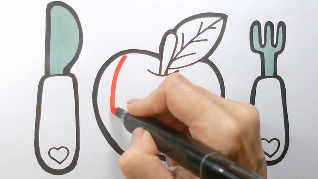 ЯБЛОКО И СТОЛОВЫЕ ПРИБОРЫ ВИЛКА НОЖ / мультик раскраска для детей / Нарисуй Ка смотреть онлайн