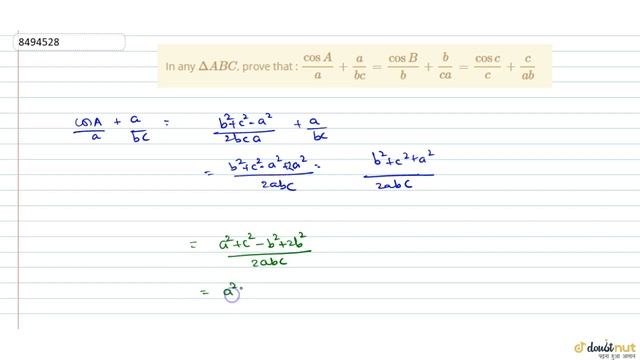 In any `DeltaABC`, prove that : `(cos A)/a + a/(bc) = (cos B)/b + b/(ca) = (cos c)/c + c/(ab)` смотреть онлайн
