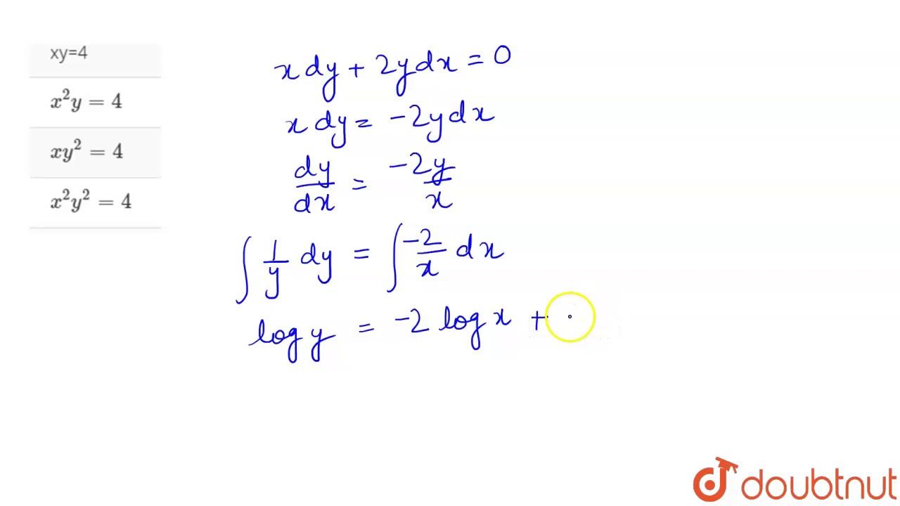 The particular solution of the differential equation x dy+2y dx=0, at x=2, y=1 is смотреть онлайн