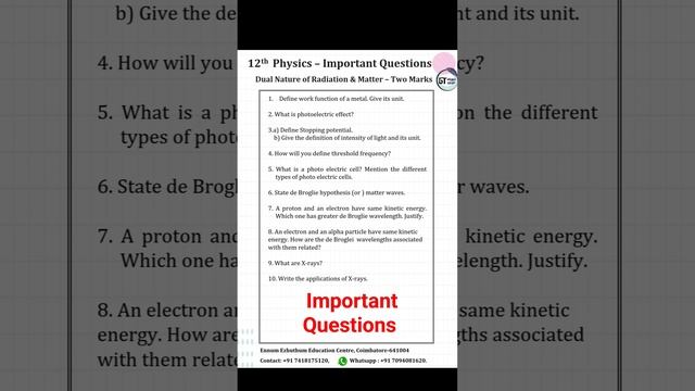 12th Physics - Dual Nature of radiation and matter -imp 2marks #physics #stateboard #2024 #school смотреть онлайн