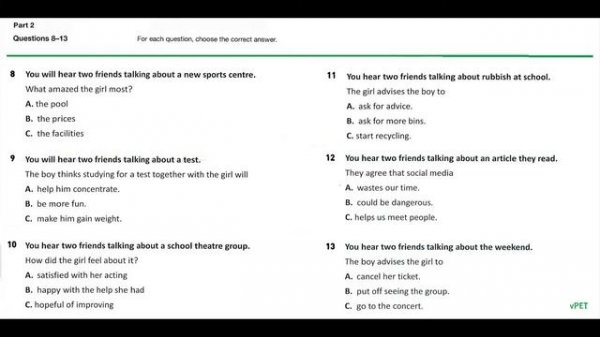B1 Preliminary (PET) Listening Test 14 with answers (new format)