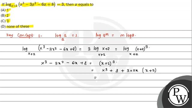 If \( \log _{x+2}\left(x^{3}-3 x^{2}-6 x+8\right)=3 \), then \( x \) equals to
(A) 1
(B) 2
(C) 3... смотреть онлайн