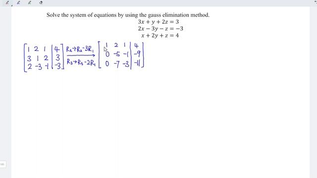 Solve the system of equations by using the gauss elimination method 3x+y+2z=3 2x-3y-z=-3 x+2y+z=4 смотреть онлайн