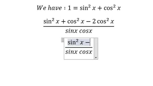 Trigonometry Help: Prove: (1-2 cos^2x)/(sinx cosx)=tanx-cotx смотреть онлайн
