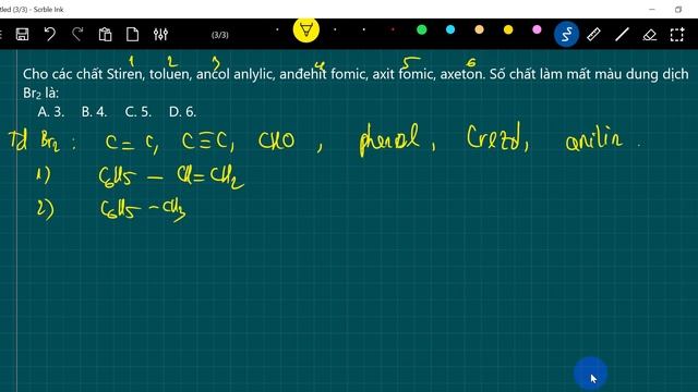 Cho các chất: Stiren, toluen, ancol anlylic, anđehit fomic, axit fomic, axeton. Số chất làm mất màu смотреть онлайн