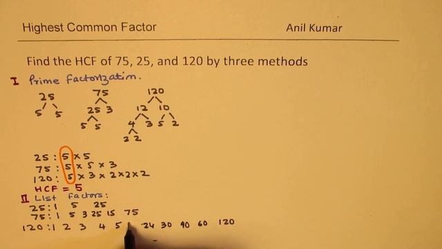 Three methods to find HCF including Long Division for three numbers 25 75 and 120 смотреть онлайн