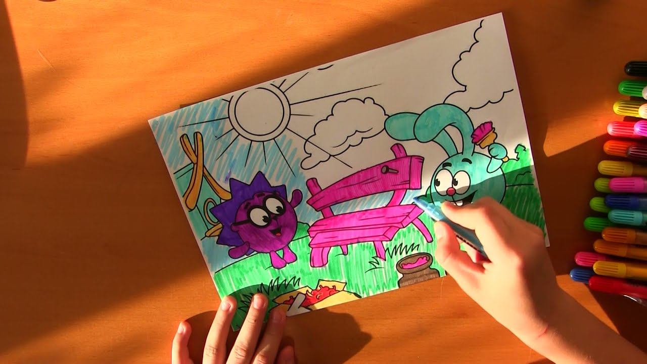 Coloring videos for kids • smeshariki the hedgehog and the hare with felt-tip pens