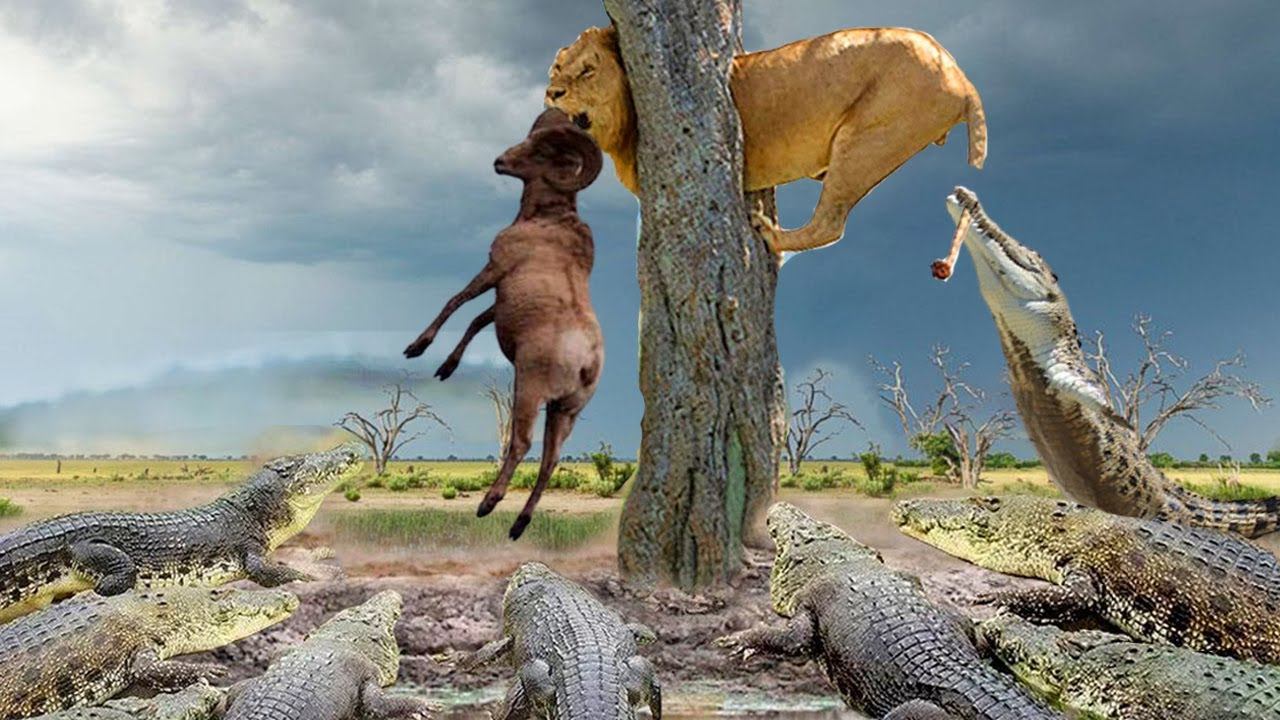 Trapped Lion! Brave Lion Fights To Last Breath To Protect Prey From Ferocious Crocodile But Fail смотреть онлайн