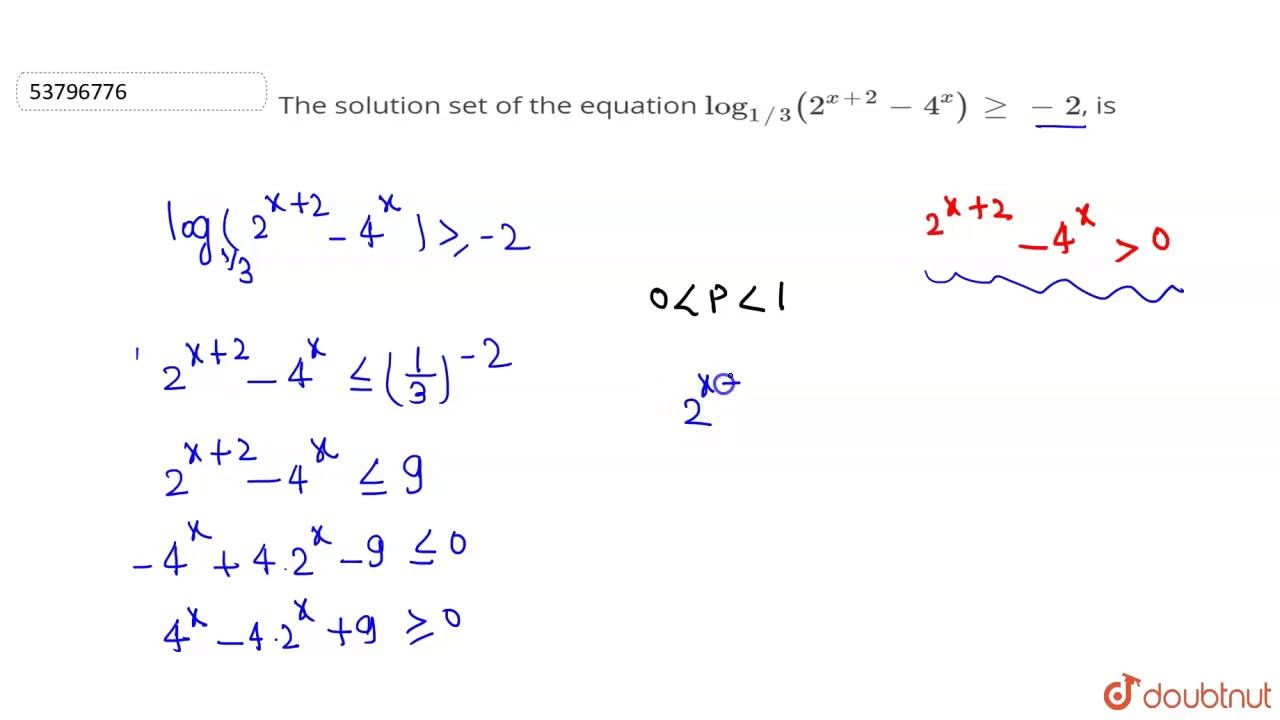 The solution set of the equation `"log"_(1//3)(2^(x+2)-4^(x)) ge -2`, is смотреть онлайн