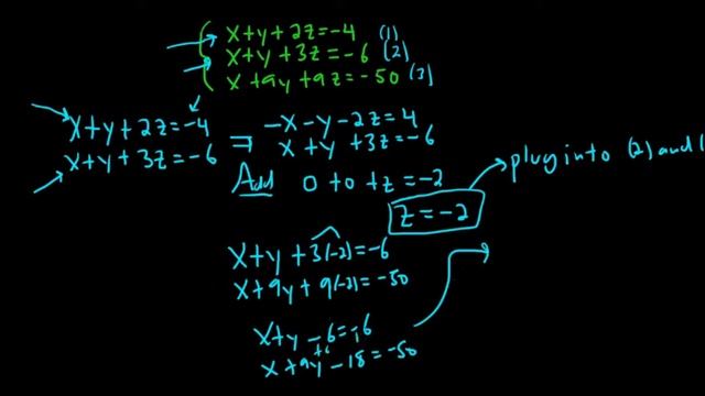 Solve the System of Equations x + y + 2z = -4, x + y + 3z = -6, x + 9y + 9z = -50 смотреть онлайн