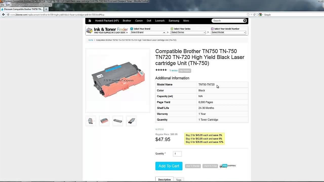Brother TN750 TN-750 TN720 TN-720 High Yield Black Laser Cartridge @ 2stoner.com смотреть онлайн