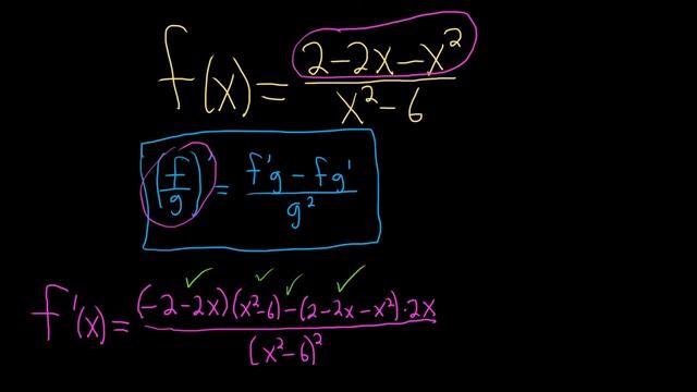 Derivative of f(x) = (2 - 2x - x^2)/(x^2 - 6) using the Quotient Rule смотреть онлайн