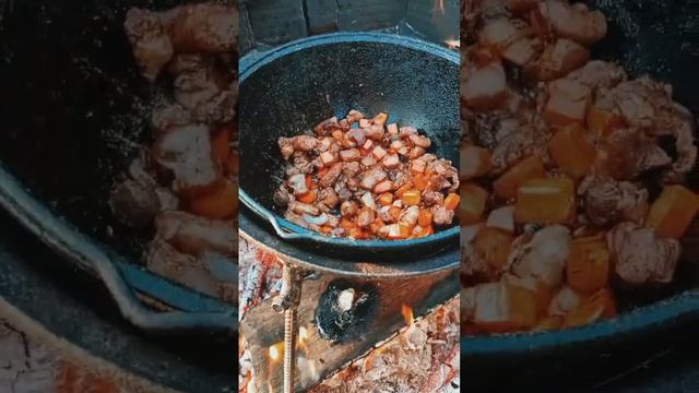 тушеная картошка со свининой в казане на костре смотреть онлайн