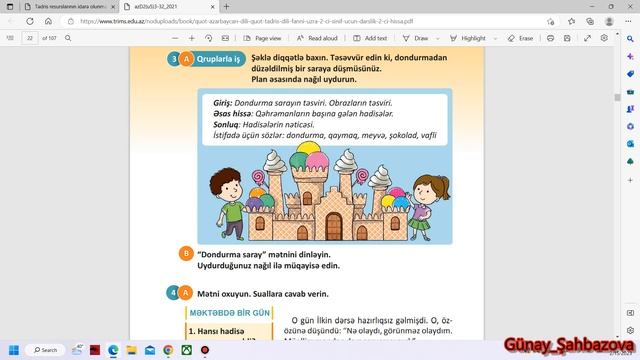 Azərbaycan Dili 2-ci Sinif 2-ci Hissə Dondurma Saray Dinləmə Mətni Səh 20
