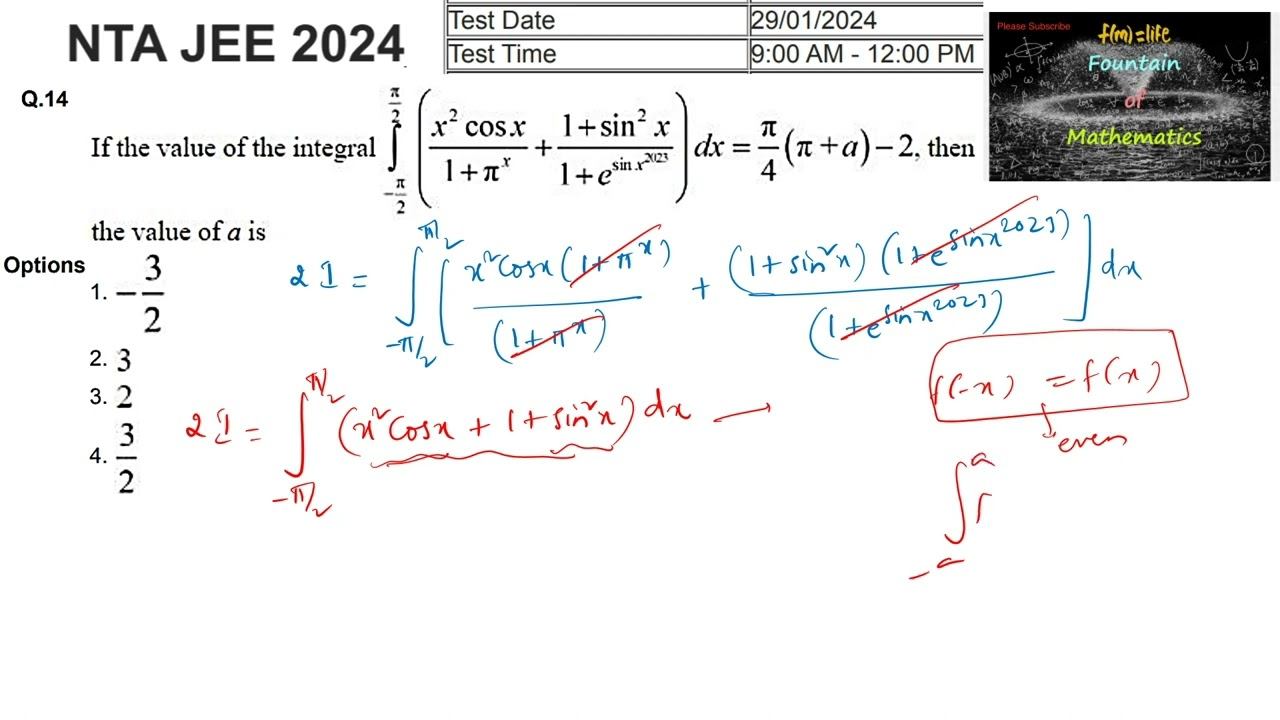 If the value of integral - pi/2 pi/2 (x^2 cos x/1+pi^x)JEE|Main|2024|session 1|29 Feb| Shift 1|NTA смотреть онлайн