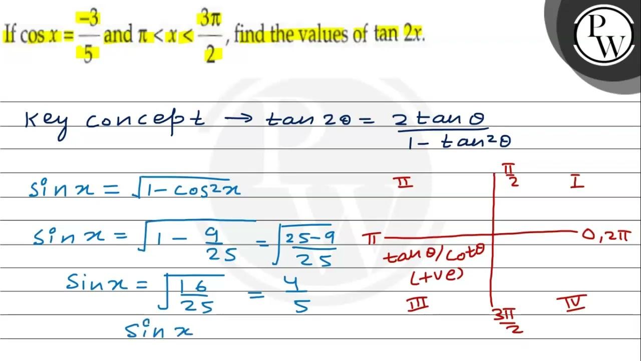 If \( \cos x=\frac{-3}{5} \) and \( \pix\frac{3 \pi}{2} \), find th... смотреть онлайн