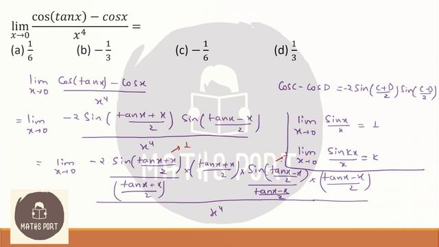 Q.1 lim┬(𝑥→0)〖(cos(𝑡𝑎𝑛𝑥)−𝑐𝑜𝑠𝑥)/𝑥^4 〗=(a) 1/6 (b) −1/3 (c) −1/6 (d) 1/3 смотреть онлайн