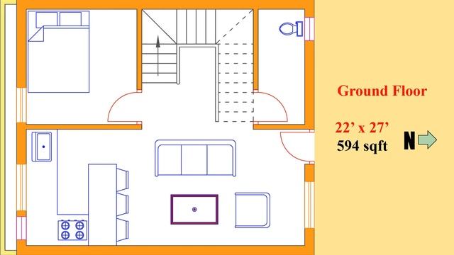 22×27 North facing house plan || 1bhk house plan || வடக்கு பார்த்த வீடு வாஸ்து பிளான் || 22*27 hous смотреть онлайн