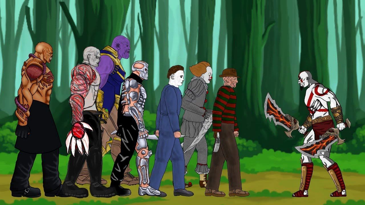 God Of War Kratos vs Jason, Freddy, Pennywise, Michael, Thanos, Nemesis, Tyrant - Drawing Cartoon 2 смотреть онлайн