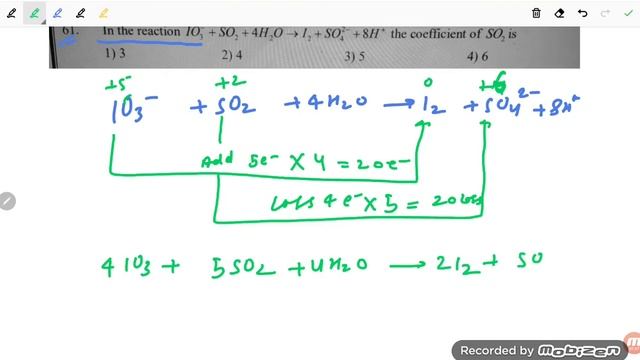 in the reaction IO3 - + SO2 + 4H2O gives I2 + SO4 2 - +8H + the coefficient of SO2 is смотреть онлайн
