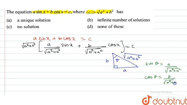 The equation `asinx+bcosx=c,` where `|c|gtsqrt(a^2+b^2)` has (A) a unique смотреть онлайн