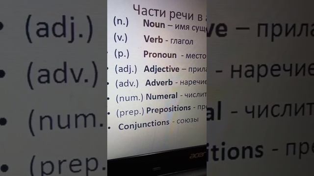 Части речи в английском. (n.) Noun - Имя существительное (v.) Verb - Глагол и т.д. смотреть онлайн