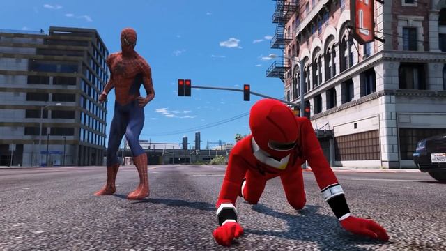 ALL RED RANGERS VS SPIDER-MAN, GREEN SPIDERMAN, BLUE SPIDERMAN, YELLOW SPIDERMAN, BLACK SPIDERMAN