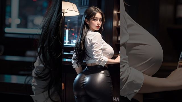 [4k] AI Art - [Leather Pants Lookbook] Enjoy A Date With Your Cute Girlfriend At The City Bar!