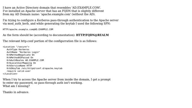 DevOps & SysAdmins: mod_auth_kerb keytab file for a different FQDN смотреть онлайн